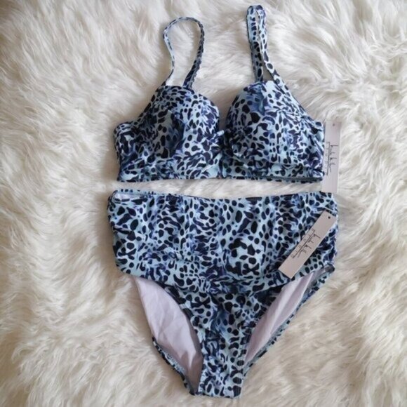 NWT Nicole Miller Bikini Set Size Medium Blue Black Cheetah Print Bathing Suit - Picture 1 of 6